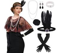 ELECLAND 10 Pièces Années 1920 Flapper Great Gatsby Accessoires Set Mode Roaring 20's Theme Set avec Bandeau Bandeau Long Gants Noirs Collier Boucles d'Oreilles pour Femme (Red, Style 2)