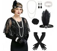 ELECLAND 10 Pièces Années 1920 Flapper Great Gatsby Accessoires Set Mode Roaring 20's Theme Set avec Bandeau Bandeau Long Gants Noirs Collier Boucles d'Oreilles pour Femme (Black (Style 6))