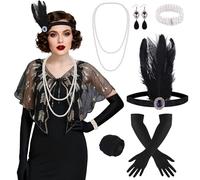 ELECLAND 10 Pièces Années 1920 Flapper Great Gatsby Accessoires Set Mode Roaring 20's Theme Set avec Bandeau Bandeau Long Gants Noirs Collier Boucles d'Oreilles pour Femme (Black Gold, Style 3)