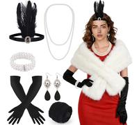 ELECLAND 10 Pièces Années 1920 Flapper Great Gatsby Accessoires Set Mode Roaring 20's Theme Set avec Bandeau Bandeau Long Gants Noirs Collier Boucles d'Oreilles pour Femme (White (Faux Fur Shawl))