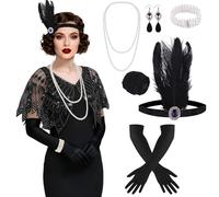 ELECLAND 10 Pièces Années 1920 Flapper Great Gatsby Accessoires Set Mode Roaring 20's Theme Set avec Bandeau Bandeau Long Gants Noirs Collier Boucles d'Oreilles pour Femme (Black, Style 4)