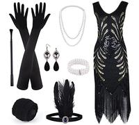 ELECLAND Robe Années 1920 à Col en V à Paillettes et à Franges avec Ensemble d'Accessoires Années 20 (Black, Small)