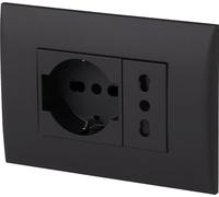 Electraline 22111 Bloc de prise encastrée/set plaque prémontée 2 places (1 prise universelle P40 + 1 prise bivalente 10/16A), deux vis de montage, Noir
