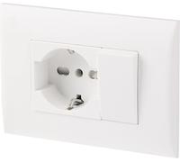 Electraline 22120 Bloc de prise universel + inverseur avec plaque/set plaque prémontée 1 prise universelle P40 16A + 1 inverseur 10A, deux vis de montage, blanc