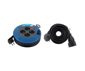 Electraline 28905 Enrouleur Rallonge Ménager Domestique avec 4 Prises 16A, Câble 5M-Section 3G1 mm², Blue & Prolongateur 16A 2P+T HO5VV-F 3G1,5mm² Noir 5m