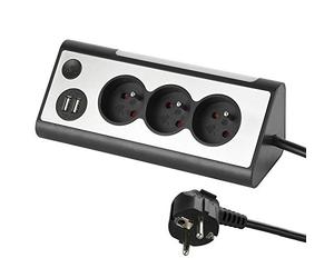 Electraline 35430, Bloc multiprises d’Angle, 3 Prises, 2 Ports USB Interrupteur on/Off pour éteindre/Allumer la LED, Câble 1,5M, Gris/Noir