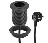 Electraline 35432 Bloc Multiprise Encastrable Compacte avec 1 Prise + 1 Port USB 2.0A Charge Rapide, pour Bureau/Table, 60 mm de diamètre, Facile a Installer, prolongateur de 2M de câble, Noir