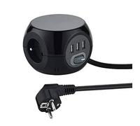 Electraline 35441 Mini Cube avec 3 Ports USB 2.4A, Bloc 3 Prises avec Interrupteur, Rallonge Multiprise 3M, Noir