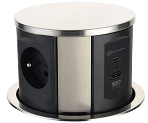 Electraline 35446 Bloc Multiprise escamotable Plan de Travail avec 3 16A Norme française + 2 3.1A A + 1 USB Type C 15.5W, Prise Encastrable pour Cuisine, Diamètre 120mm, 2M, Noir, Vertical