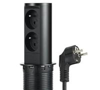 Electraline 35464 Bloc Multiprise Escamotable Pop-up 2 Prises Françaises, Diamètre Standard 60mm, Prise encastrable pour Cuisine, Bureau, Corps en acier inoxydable Noir