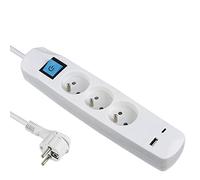 Electraline 35604 Bloc Multiprise 3 Prises Françaises + 2 USB 3.4A 17W (1 Type A + 1 Type C), Avec interrupteur ON/OFF, Fiche Extra Plate 90° 16A, Câble 1.5M