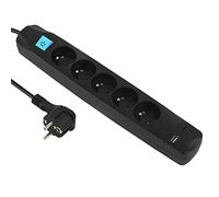 Electraline 35615 Bloc Multiprise 5 Prises Françaises + 2 USB 3.4A 17W A + 1 Type C, avec Interrupteur on/Off, Fiche Extra Plate 90° 16A, Câble 1.5M, Noir
