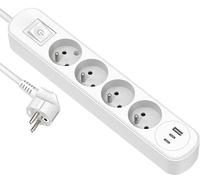 Electraline 35620 Bloc Multiprise Prima 4 Prises 16A + 3 USB (1 USB A + 2 USB C PD20W) avec Interrupteur, Câble 1.5M, Blanc