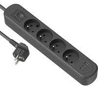 Electraline 35621 Bloc Multiprise Prima 4 Prises 16A + 3 USB (1 USB A + 2 USB C PD20W) avec Interrupteur, Câble 1.5M, Noir