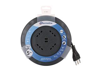 Electraline 49024 Rallonge avec Enrouleur de câble UFO Design Super Slim 5 m, 4 Prises bivalentes (10/16A), fiche 16A, avec 2 Prises USB, Section 3G1 mm²