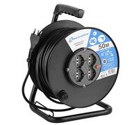 Electraline 49028 Rallonge avec enrouleur de câble 50 m 4 prises Pozi (Schuko + 10/16 A) Grand Fiche 16 A, avec protection Noir - Section Câble 3 G 1,5 mm²