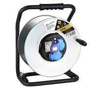 Electraline 49057 Enrouleur de câble, enrouleurs sans câble en métal antirouille pour usage professionnel, avec 2 prises Schuko + 1 industriel IEC. Poignée heronomique + bouton rotatif