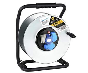 Electraline 49057 Enrouleur de câble, enrouleurs sans câble en métal antirouille pour usage professionnel, avec 2 prises Schuko + 1 industriel IEC. Poignée heronomique + bouton rotatif