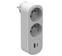 Electraline 531202 Adaptateur Fiche Multiprise Biplite Prima 2 Prise 16A avec 2 USB (1 type 1 type C) 17W, Blanc/Gris