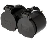 Electraline 55074 Adaptateur d'extérieur 2 prises Schuko, résistant à l'eau IP44, fiche allemande, multiprise 2 prises Schuko avec bouchon, noir