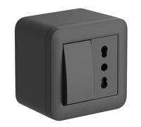 Electraline 60480 Boîtier de surface avec prise bivalente et déviateur FIXA, noir, IP40, compatible pour installation avec tube rigide et canalisation