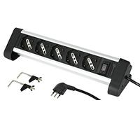 Electraline 61906 Multiprise Corps en Aluminium avec 5 emplacements Polyvalents, Schuko + 10/16 A, 2 Supports pour Fixation au Bureau, Petite Prise 10 A, Noir/argenté