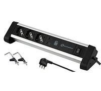 Electraline 61907 Multiprise Bureau 3 Places polyvalentes, Schuko + 10/16 A, 2 60 W, 1 Type C pour Ordinateur 3.0 A QuickCharge, Supports de Fixation, Noir/Argent, 3 Posti + 1 Presa C + 1 USB