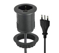 Electraline 61909 Multiprise avec 1 Prise Grommet Polyvalente (10/16 A + Schuko) à encastrer pour Bureau + 1 USB Quick Charge 2 A, avec câble de 2 m, Noir