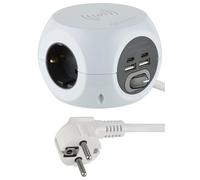 Electraline 62079 Mini Cube Multiprise avec chargeur rapide sans fil, avec 3 ports USB 2,4 A, avec 3 prises avec interrupteur, câble de 1,5 m, blanc