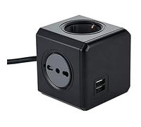 Electraline 62099 Multiprise Cube Powercube 4 Places avec 2 USB 2.1A, 2 Schuko + fiche Italienne, 2 bivalentes 10/16 Italiennes, Couleur Noir, câble 1,5 m