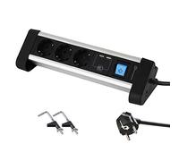 Electraline 62553 Multiprise 3 prises en aluminium pour le bureau + 2 USB 2,4 A, câble 2 m/multiprise/prise de table/prise Schuko