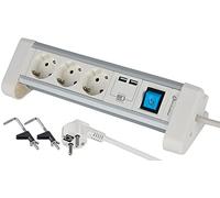Electraline 62563 Aluminium pour Bureau + 2 Ports 2,4 A, câble G1,5 mm Prise de Table multiprise Schuko, Blanc, 3 Fach + 2 USB