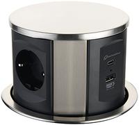 Electraline 62571 Prise rétractable 3 Voies (2 USB 3.1A : 1 Type A + 1 Type C 15,5 W, câble de 2 m), Prise de Plan de Travail intégrée, Prise Multiple, D 120 mm