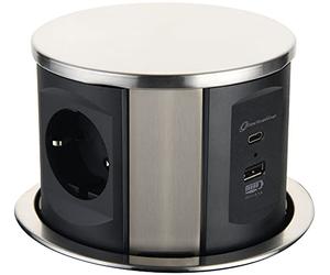 Electraline 62571 Prise Rétractable 3 Voies Avec 2 USB (Type A + Type C 15,5 W), Câble 2 m, Plan de Travail Intégré, Multiple, D 120 mm
