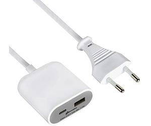 Electraline 62653 Gummy Line Extension électrique 1.5 M/Adaptateur de Voyage Europlug C/Chargeur de Charge Rapide Portable avec 2 Ports USB 3.5A 1 Type A 17.5W, Gris