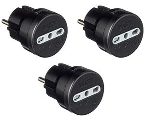 Electraline 92381 Adaptateur Prise 10/16 A, Prise Schuko Adapté pour Voyage en Allemagne, Espagne, Portugal, Autriche, Grèce, Turquie, Noir, Pack de 3