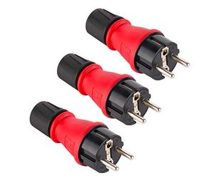 Electraline 92389 Pack de 3 Fiche mâle étanche bimatière en Caoutchouc et Polycarbonate, Protection IP54, Super Solide et Haute visibilité, avec Bague de Blocage du câble Hermétiquement Scellée, Rouge