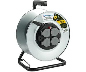 Electraline 94012 Bobine de construction métallique professionnelle 4 prises IP44 Sans passage des câbles et poignée ergonomique, convient aux gants de travail