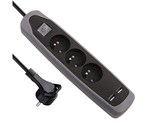 Electraline Gummy 35613 Bloc Multiprise 3 prises et 2 USB - couverture en silicone protection contre chocs - câble 2 mt - fiche plat
