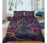 Electric Guitar Parure de Lit Microfibre résistante 3 pièces 3D Effet Confortable Neon Cyberpunk Art Ensemble De Literie avec Fermeture Éclair Douce for Enfants Garçons Ado Single（140x200cm）