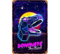 Electric Jurassic Rex - Dominate the Planet Art Print Plaque en métal rétro décorative pour la maison 30,5 x 20,3 cm