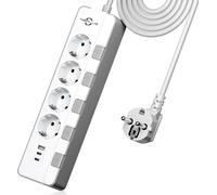 Electric Power Strip (4000W/16A), Power Strip Surge Arrester 500J With Individual Switches With 4 Sockets And 3 Usb Ports (2.4A), Usb Power Strip With 2 M Cord For Home Office (White)