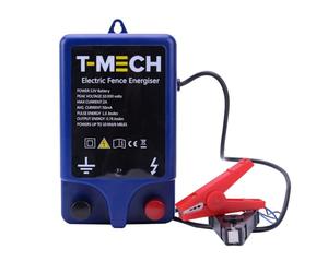 Electrificateur de Clôture Electrique 12V T-Mech Imperméable 1.0J 10KM Alimenté par Batterie Kit de Fixation pour Volailles, Bovins, Moutons, Chevaux