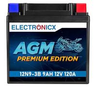 Electronicx, AGM, batterie moto 12N9-3B 12V 9Ah 120A CCA - batterie de démarrage scellée, étanche, compacte et sans entretien-135×76×130,5mm - pour scooter, mobylette, quad, moto et ATV