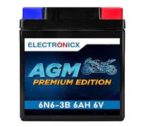 Electronicx, AGM, Édition Premium 6N6-3B 6V 6Ah batterie de moto batterie de démarrage - résistante aux vibrations, sans entretien, scellée et étanche - technologie AGM-scooter, tondeuse à gazon.