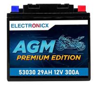 Electronicx AGM Premium Edition 53030 Batterie Moto 12V 29Ah 300A - sans entretien, compacte & robuste. Batterie de démarrage haute performance : idéale pour moto, ATV, jetski, tondeuse autoportée.
