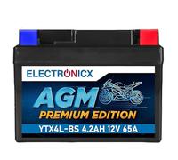 Electronicx AGM Premium Edition YTX4L-BS 12V 4,2Ah 50A batterie moto - batterie de démarrage sans entretien, scellée, compacte et résistante aux vibrations - Idéale pour scooter,moto et ATV