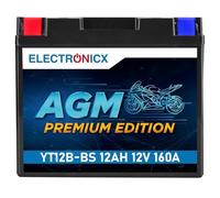 Electronicx AGM Premium YT12B-BS 12V 12Ah - Batterie moto scellée sans entretien avec 160A CCA. Puissante, étanche, résistante aux vibrations et durable - idéale pour moto, scooter et quad.