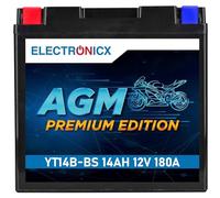 Electronicx AGM Premium YT14B-BS - Batterie moto haute performance 12V 14Ah 180A - sans entretien, étanche, anti-fuite et résistante aux vibrations - idéale pour scooter, quad, ATV et moto