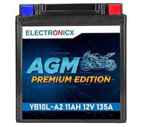 Electronicx, batterie moto AGM YB10L-A2 12V 11Ah - batterie de démarrage scellée sans entretien, technologie AGM 135A CCA - scooter, ATV - compacte, résistante aux vibrations, prête à l’emploi.